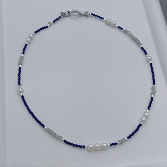 X694 Handmade Freshwater Pearl Lapis Labradorite Dainty Necklace - Picture 2 of 11